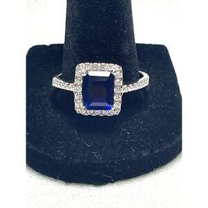 Emerald-Cut Sapphire White Topaz Halo Ring 3.50ct Sz 11 Sterling Silver Elegant
